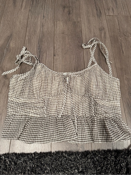 American Age Tops - American Age Brown and White Gingham Tie-Shoulder Crop Camisole